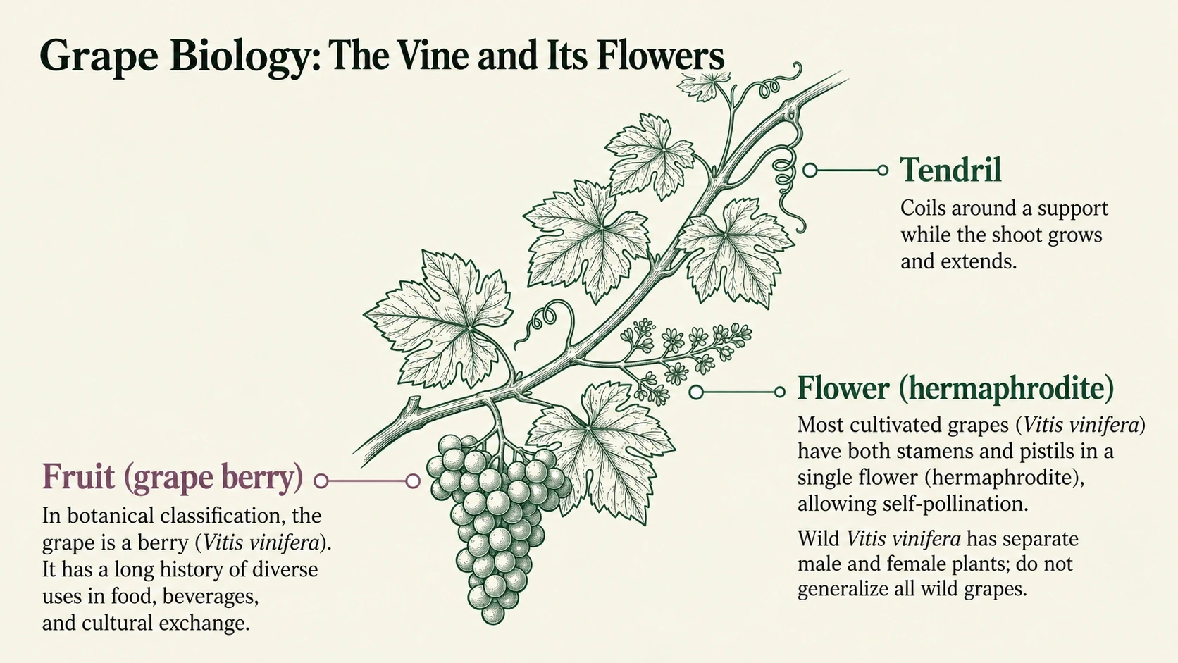Grapevine with tendrils, bisexual flowers and berries