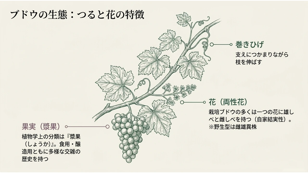 ブドウの枝を図解し、巻きひげ・両性花・果実(漿果)の特徴を示した図