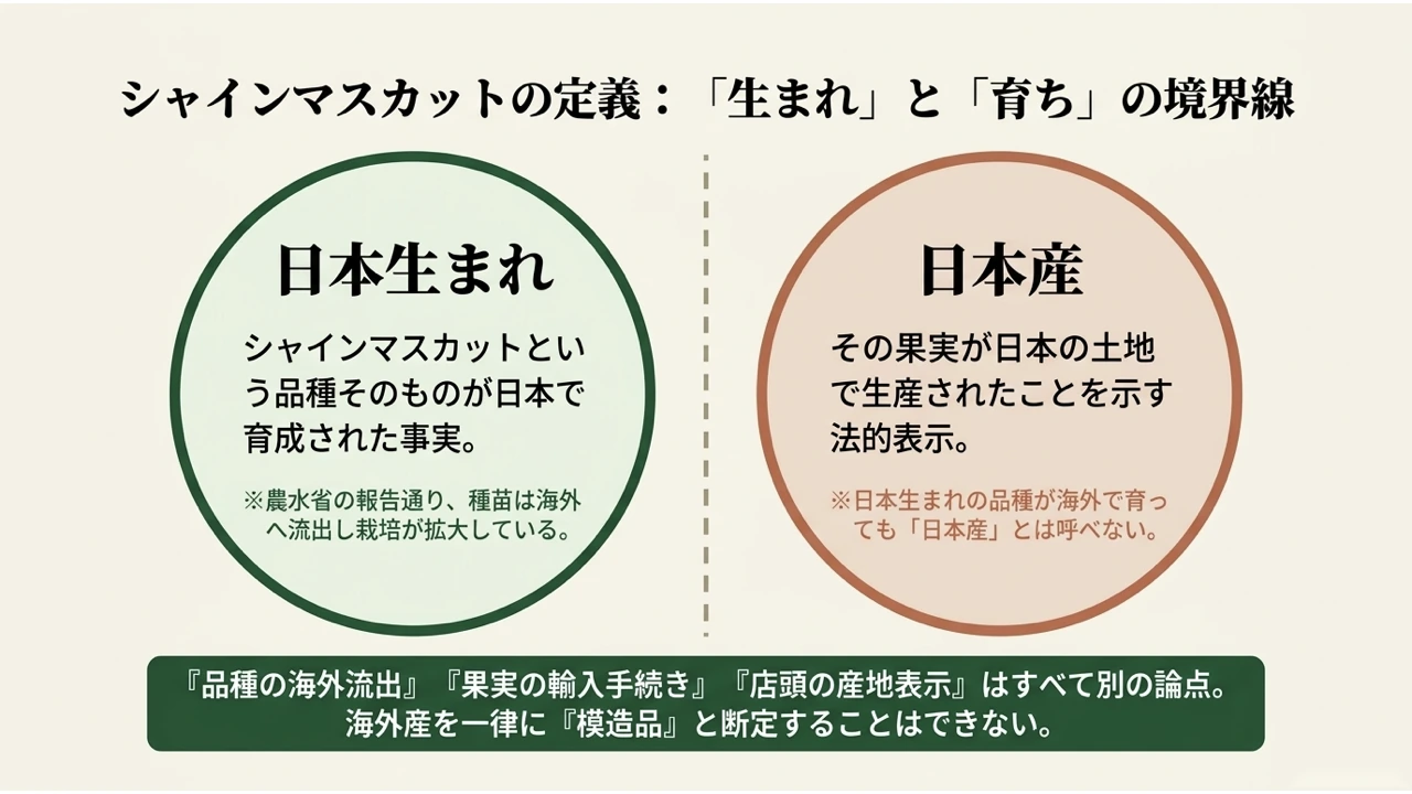 「日本生まれ」(品種そのものが日本で育成された事実)と「日本産」(日本の土地で生産されたことを示す表示)を対比した図