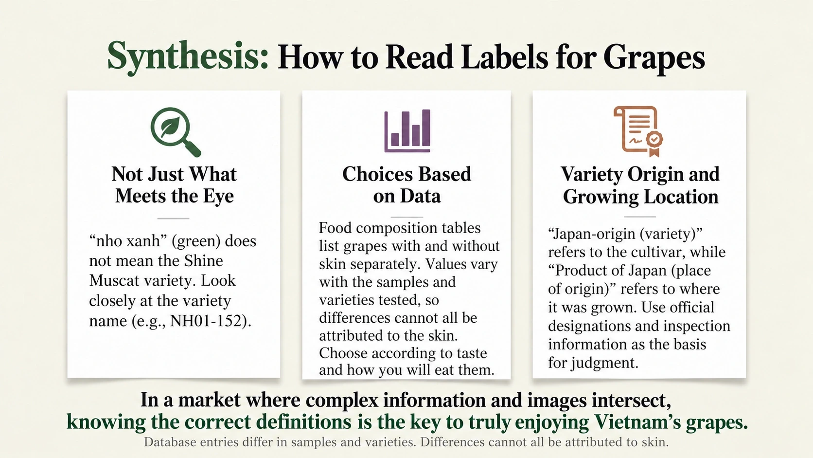 Three principles for interpreting grape appearance, nutrition and origin labels