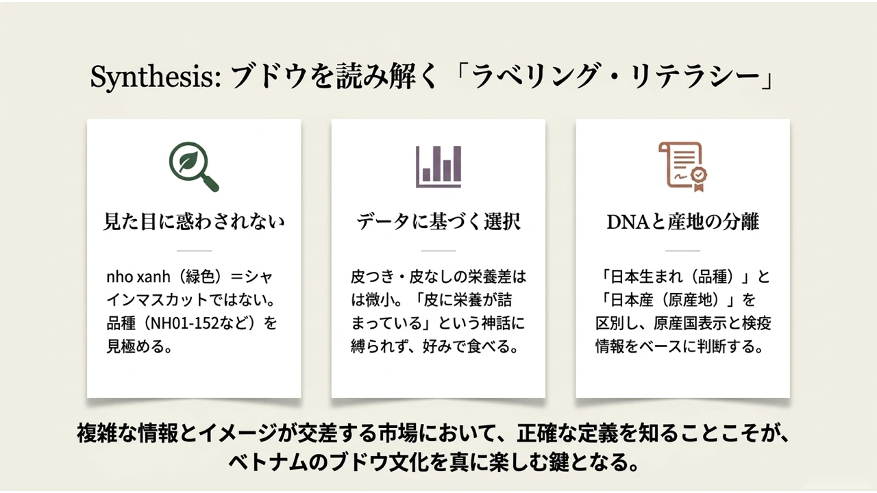 「見た目に惑わされない」「データに基づく選択」「DNAと産地の分離」という3つの視点をまとめた図