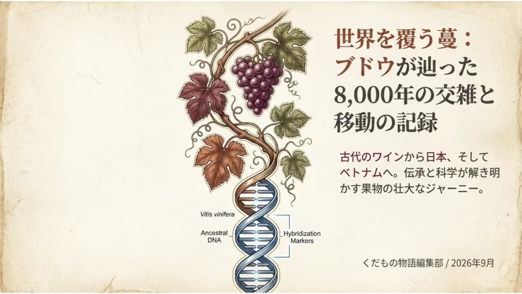 ブドウの蔓とDNAの二重らせんを描いた表紙。8,000年の交雑と移動の記録というタイトル