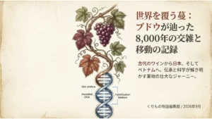 ブドウの蔓とDNAの二重らせんを描いた表紙。8,000年の交雑と移動の記録というタイトル