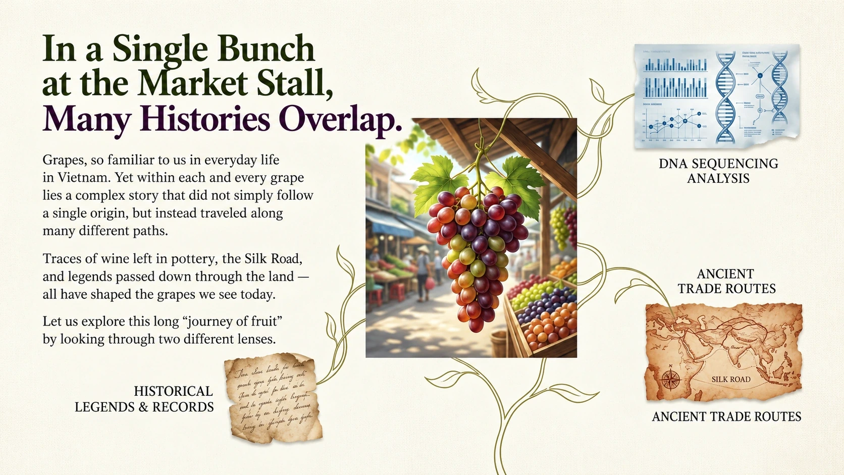 A market bunch of grapes surrounded by DNA, records and trade-route imagery