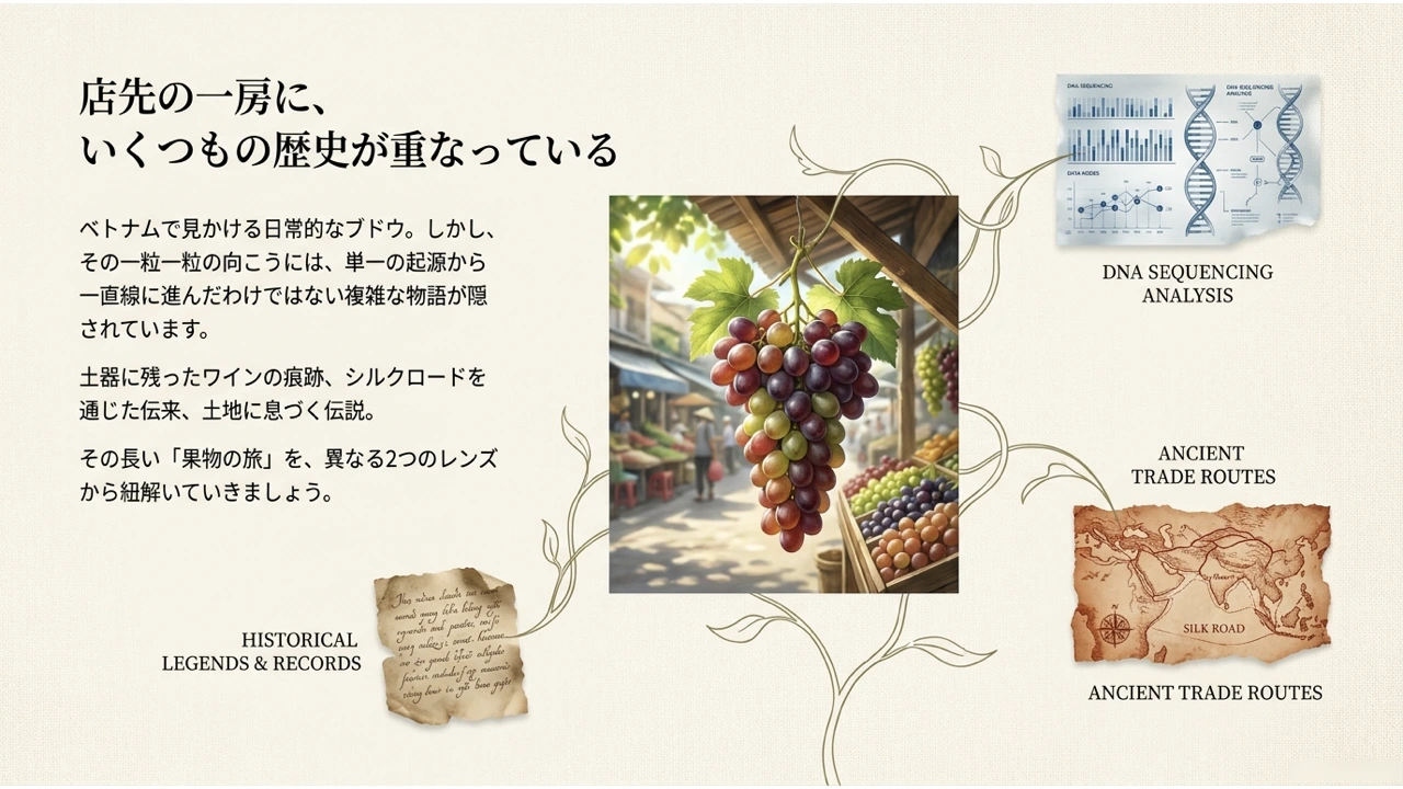 ベトナムの市場の店先に並ぶブドウの房と、DNA解析・古い記録・古代の交易路が重なる様子を描いた図