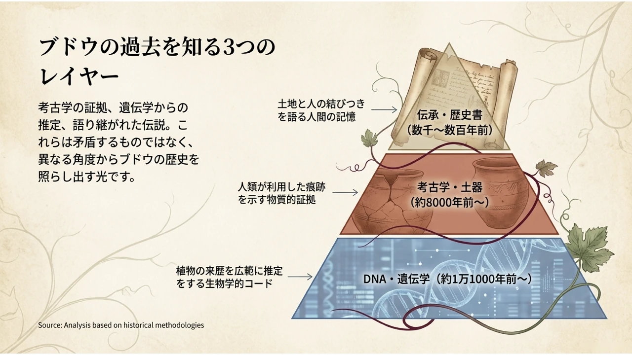 伝承・歴史書、考古学・土器、DNA・遺伝学という3つの層でブドウの過去を知る方法を示したピラミッド図