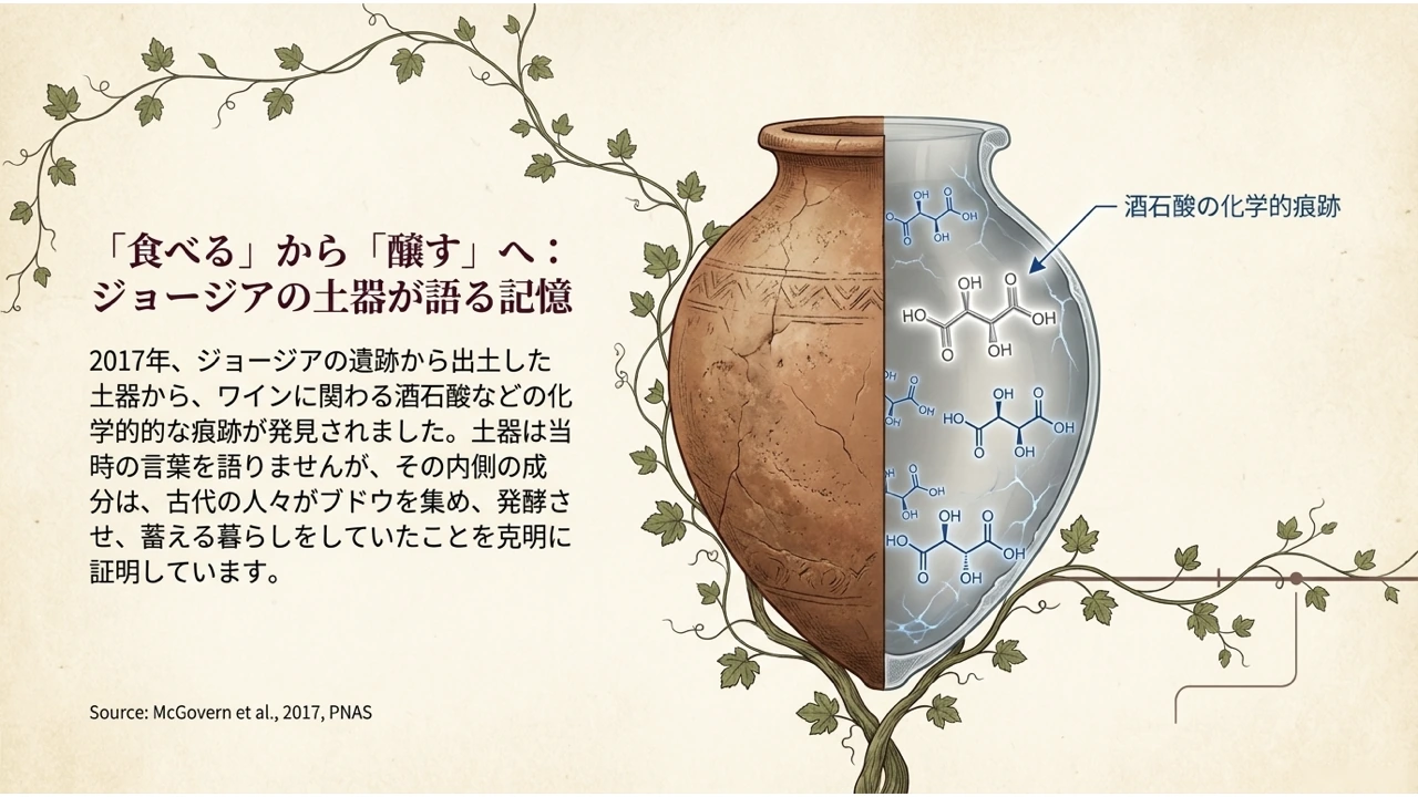 ジョージアの土器の断面に、酒石酸の化学的な痕跡を重ねた図