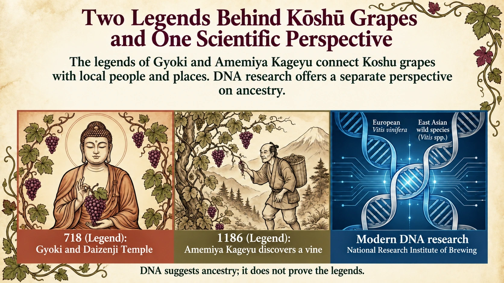 Koshu traditions associated with Gyoki in 718 and Amemiya Kageyu in 1186, alongside DNA research