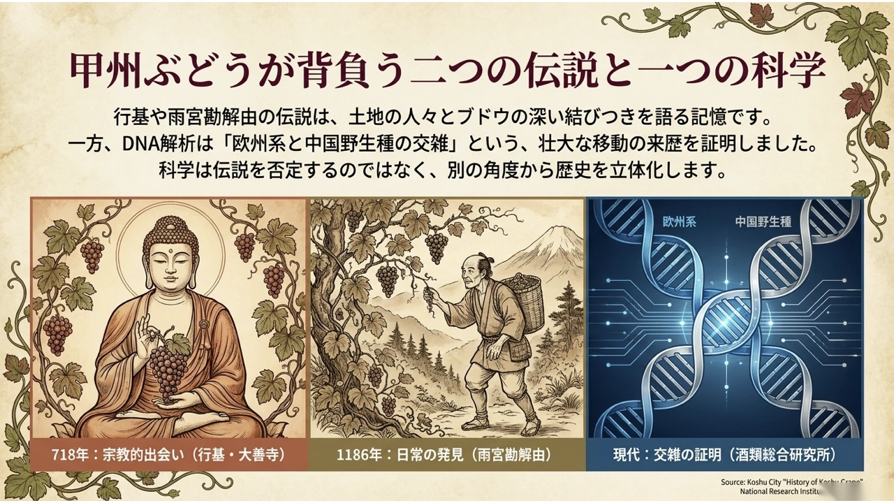 718年の行基と大善寺、1186年の雨宮勘解由、現代のDNA解析という3つの視点から甲州ぶどうを描いた図