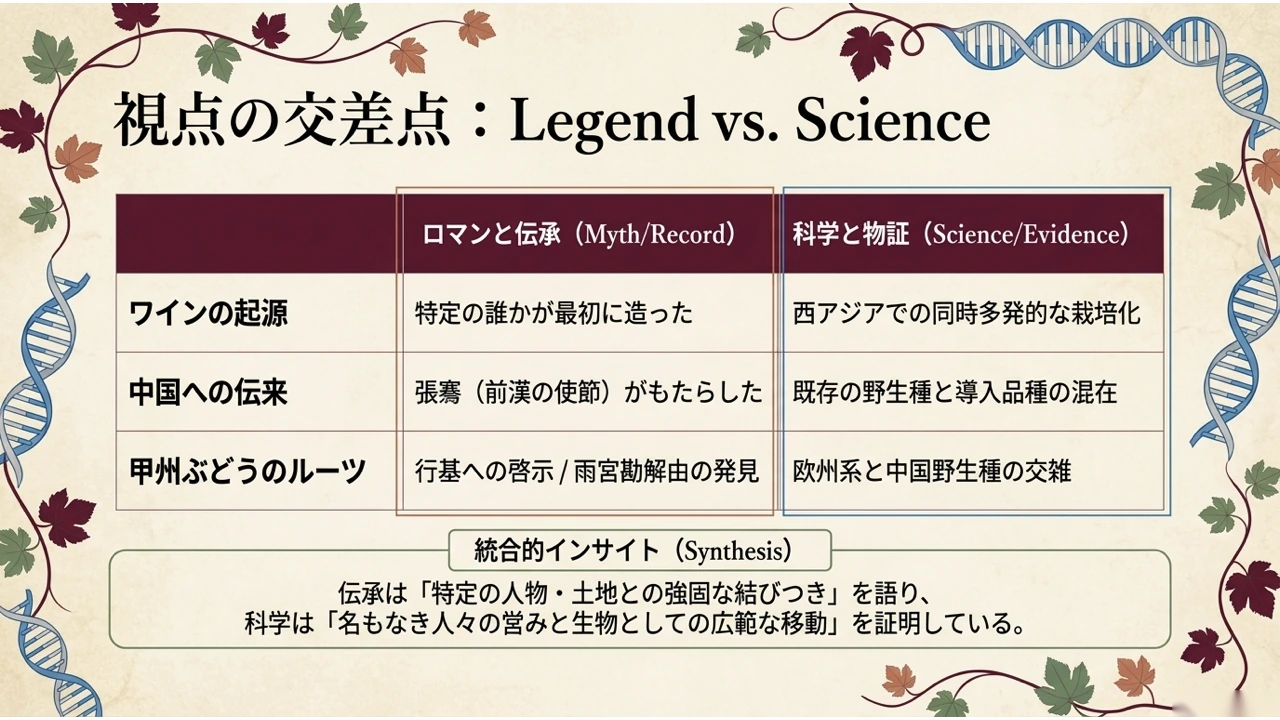 ワインの起源・中国への伝来・甲州ぶどうのルーツについて、伝承と科学の説明を対比した表