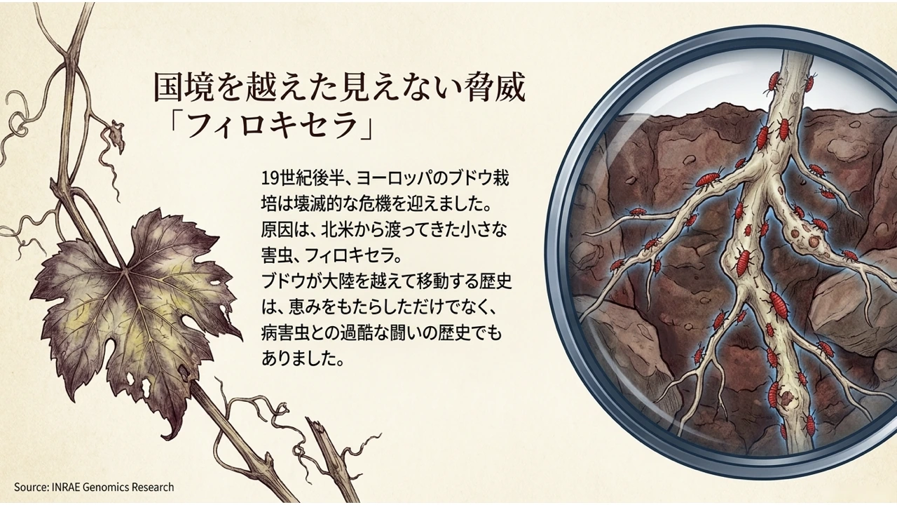 傷んだブドウの葉と、根に取りつくフィロキセラを拡大して描いた図