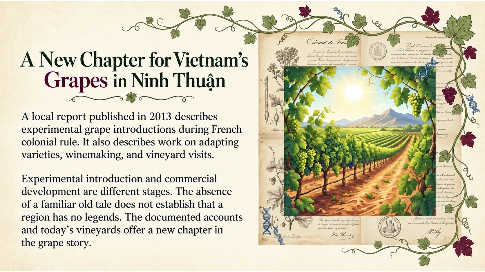 Illustrated Ninh Thuan vineyard framed by archival motifs