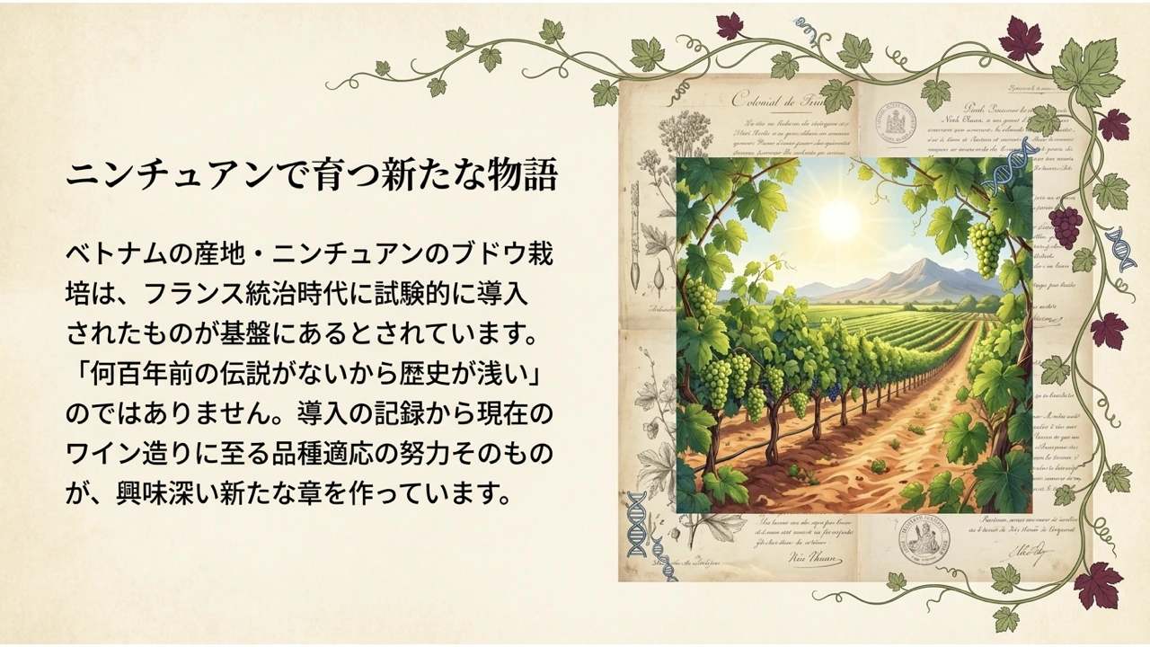 古い公文書をあしらった額縁の中に、陽光の下で広がるブドウ畑を描いた、ニンチュアンの新しい物語を表す図