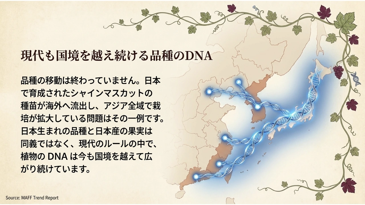 日本から中国・韓国などへ、DNAの鎖が地図上を広がっていく様子で品種の海外流出を描いた概念図