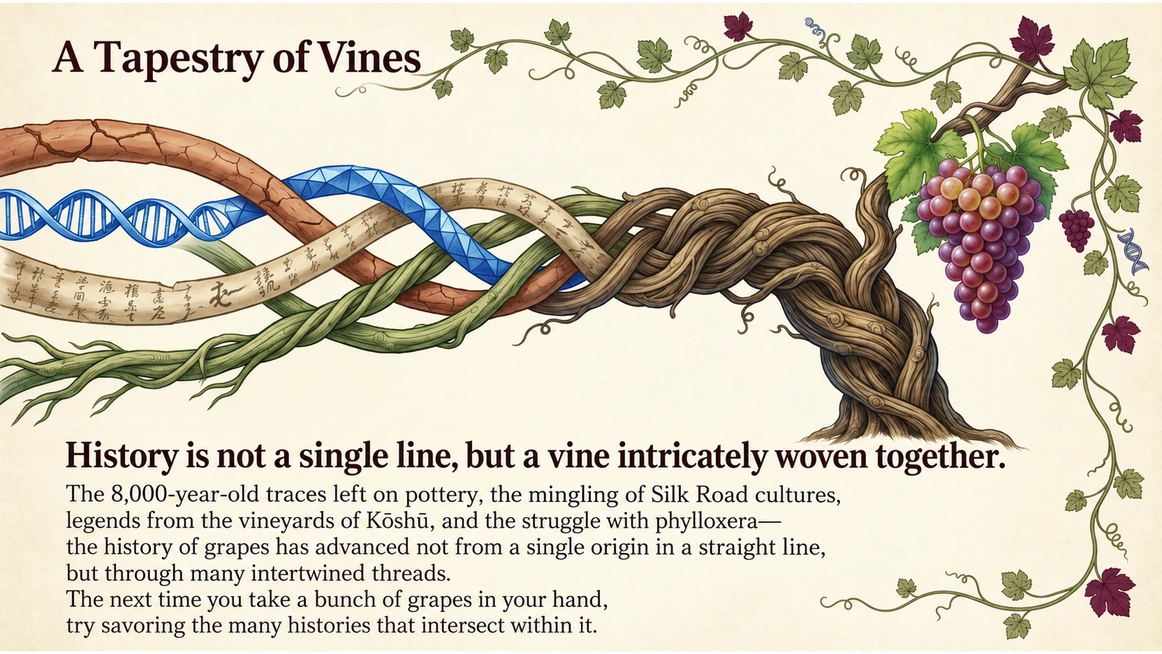 Pottery, DNA, records and vines woven into a grape-bearing trunk