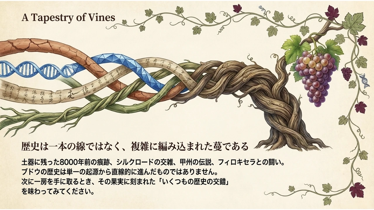 土器・DNA・古文書・蔓が一本の太い幹に編み込まれ、ブドウの房が実る様子を描いた図