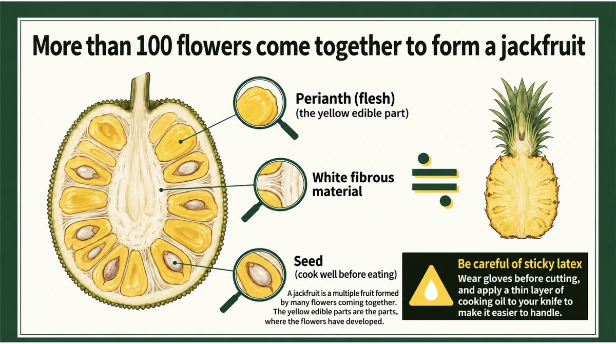 Edible yellow bulbs develop from the perianth; pale fibers and seeds are separate tissues.