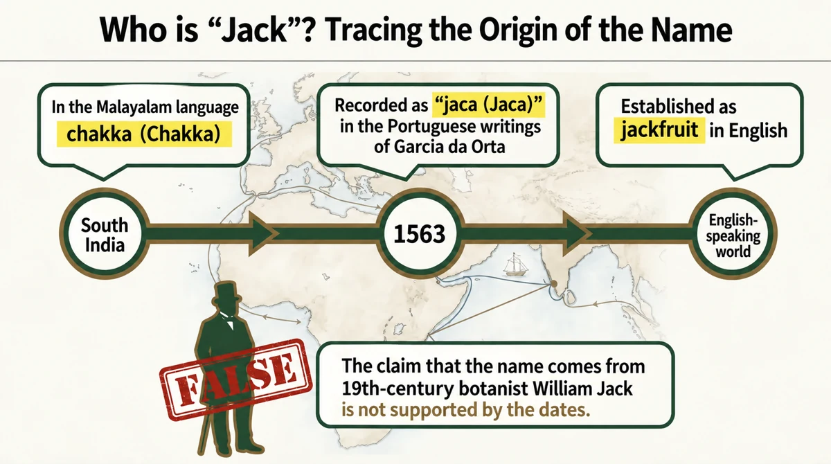 The name traces from Malayalam chakka through Portuguese jaca to English jackfruit.