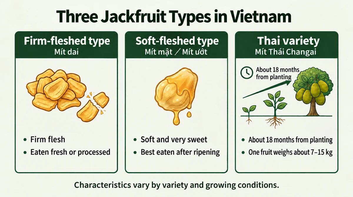 Firm and soft flesh types and early-bearing Mít Thái; traits vary with growing conditions.