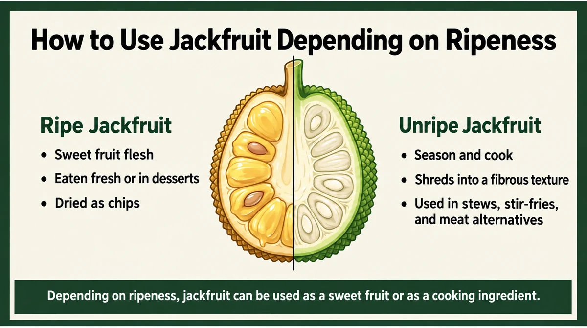 Ripe fruit is sweet; unripe fruit is a fibrous ingredient for savory cooking.