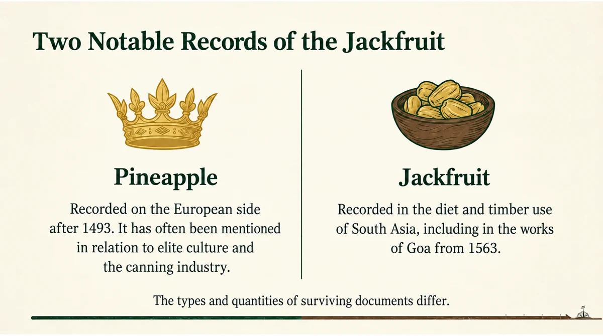 Different kinds and amounts of evidence survive for pineapple and jackfruit.