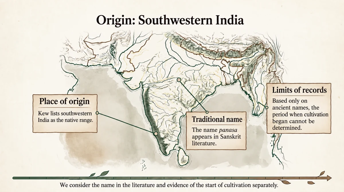 Kew identifies southwestern India as the native range. Ancient names do not date the start of cultivation.