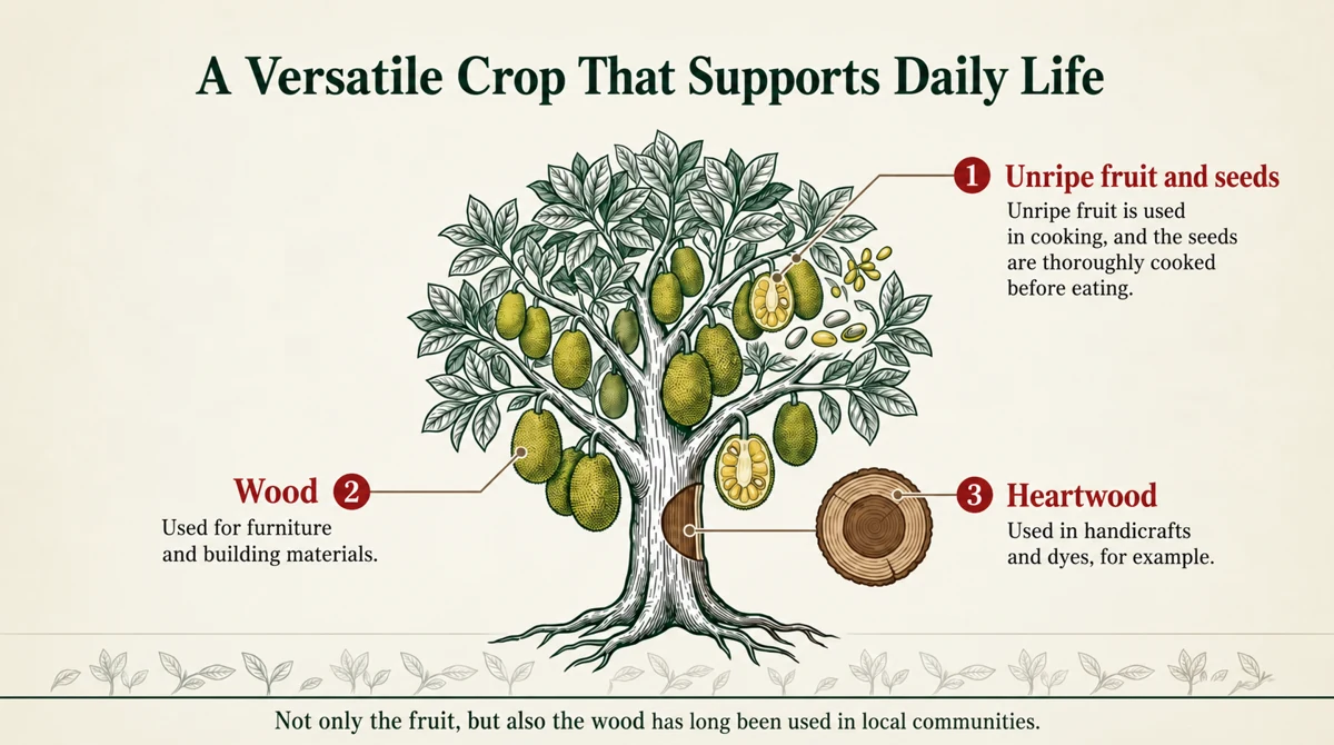Ripe fruit, unripe fruit, cooked seeds and timber have served everyday needs.