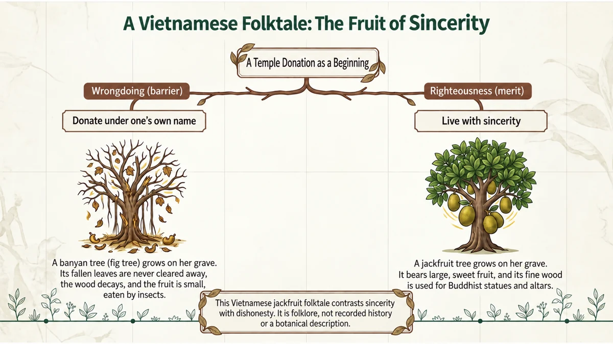 Bà Mít and Bà Đa illustrate honesty and dishonesty in folklore, not botanical or historical fact.