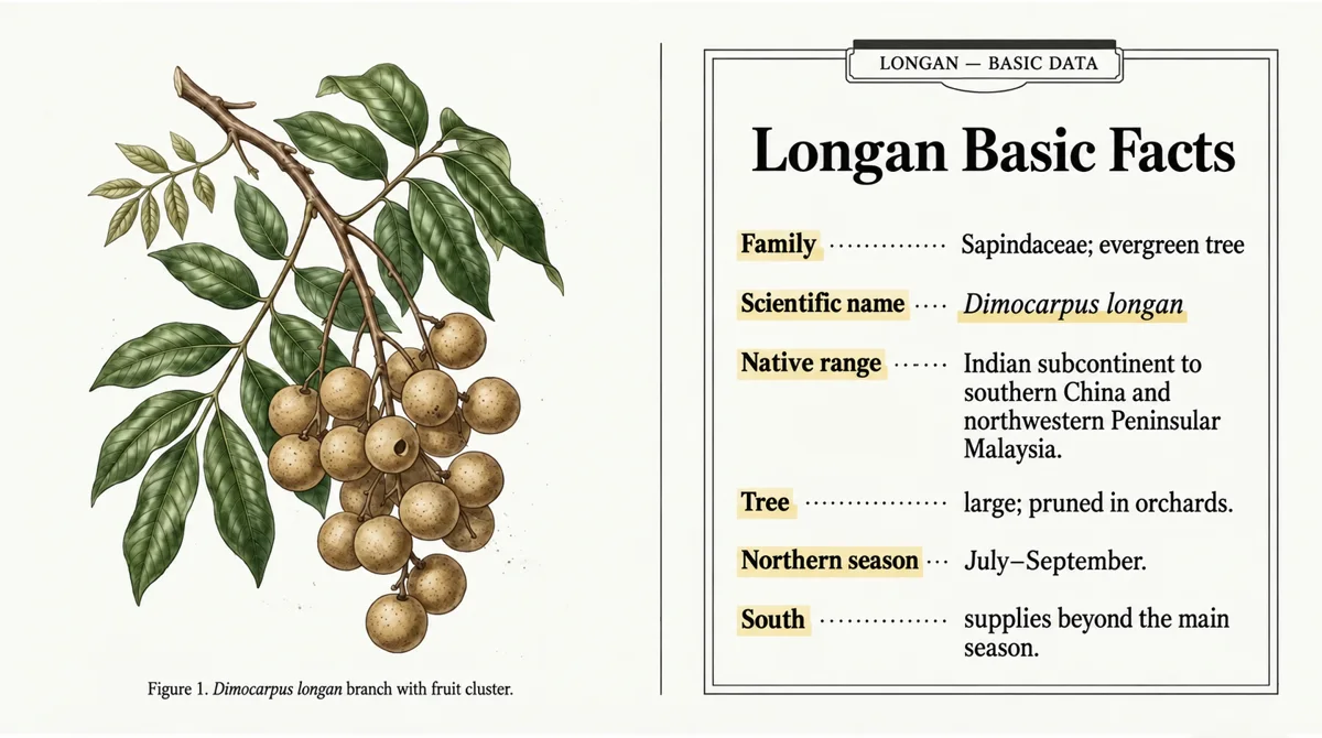 Longan’s classification, scientific name, native range, tree form and northern Vietnamese season.