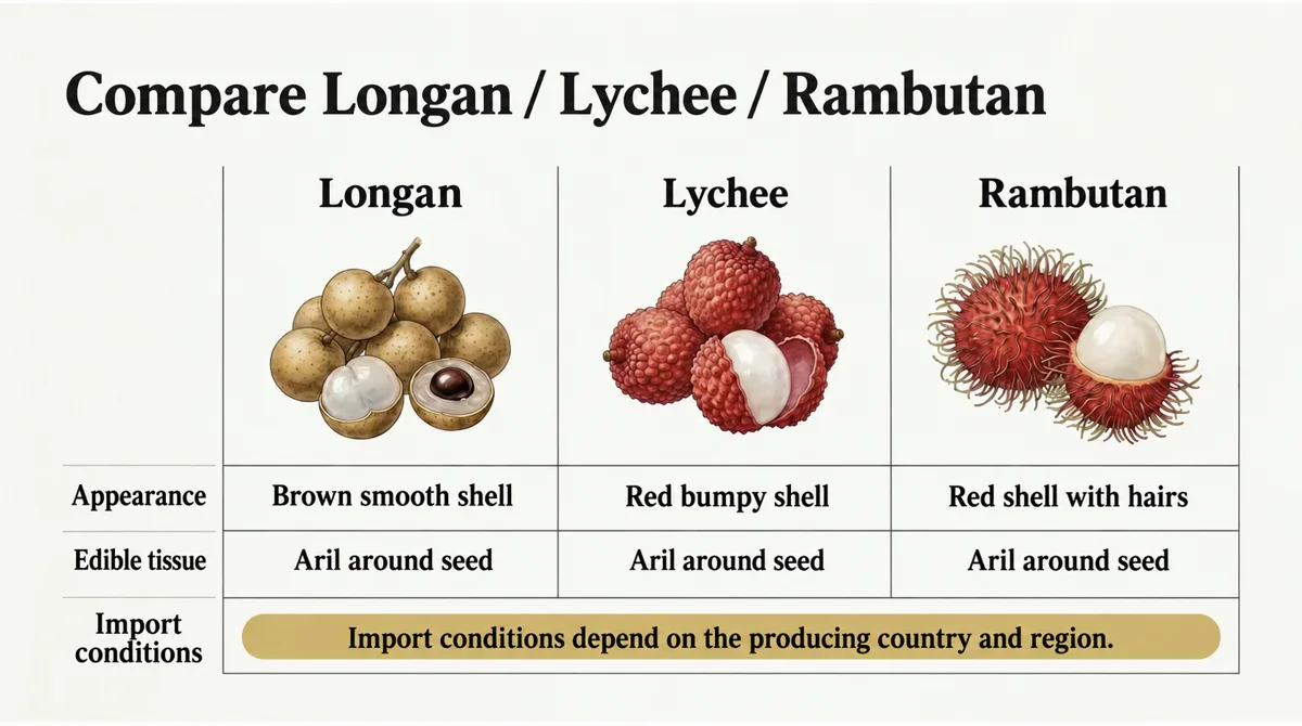 All three fruits have edible arils; import conditions vary by origin.
