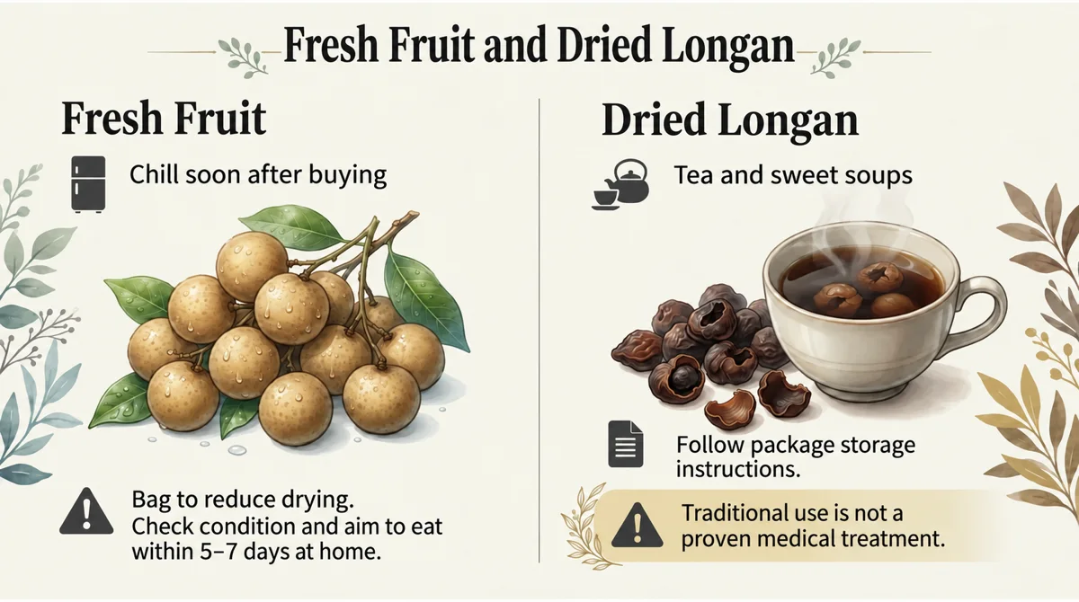 Refrigerate fresh fruit; follow the package instructions for dried longan.