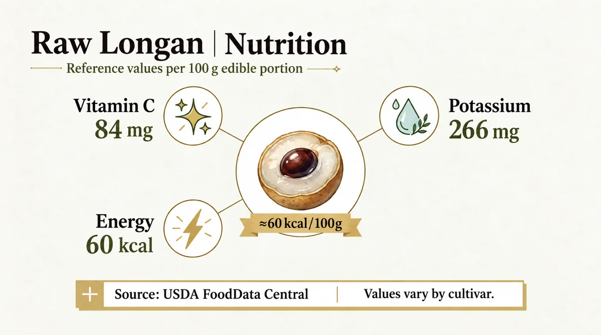 Reference values per 100 g of raw edible longan: energy, vitamin C and potassium.