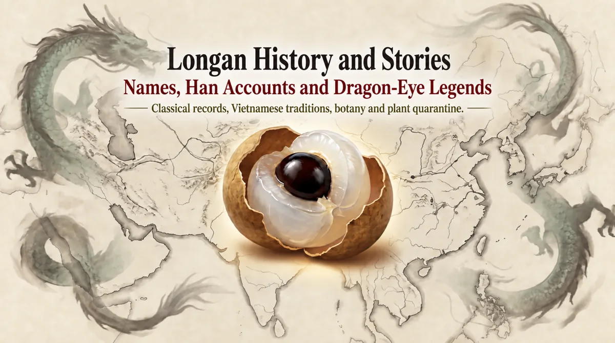 Longan History and Stories, with longan fruit and a historical river landscape.