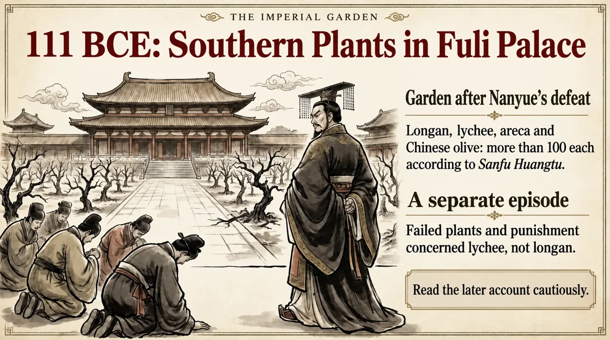 The garden account lists longan; the plant failure and punishment episode specifically concerns lychee.