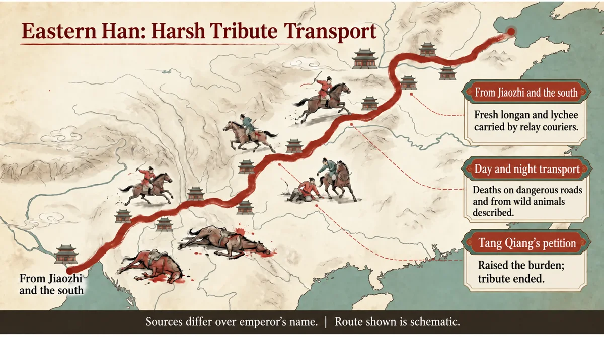 Eastern Han accounts describe demanding tribute transport and its abolition.
