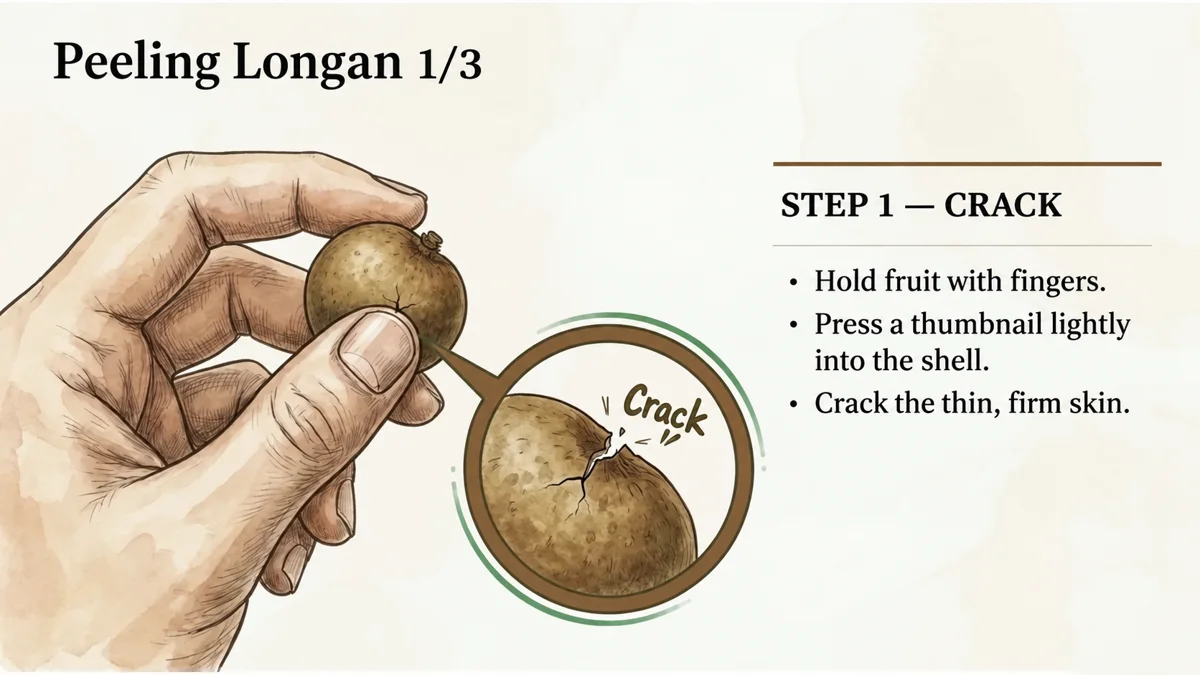 Start by holding the fruit and cracking the shell with your fingers.