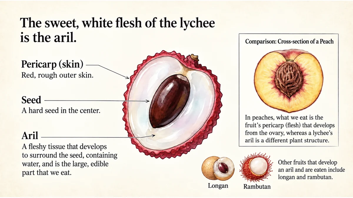 The white edible aril is distinct from the seed coat and from the fruit-wall tissue eaten in peaches.