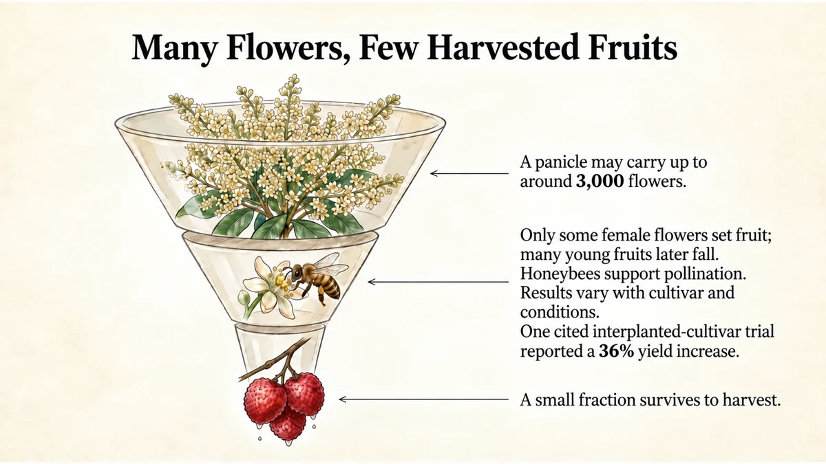Many flowers do not survive as harvested fruit. Fruit set and retention vary by cultivar, pollination and growing conditions.