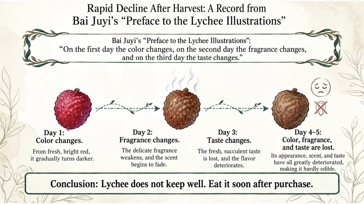 Bai Juyi described rapid changes after harvest. His day-by-day account is a historical observation, not a modern shelf-life guarantee.