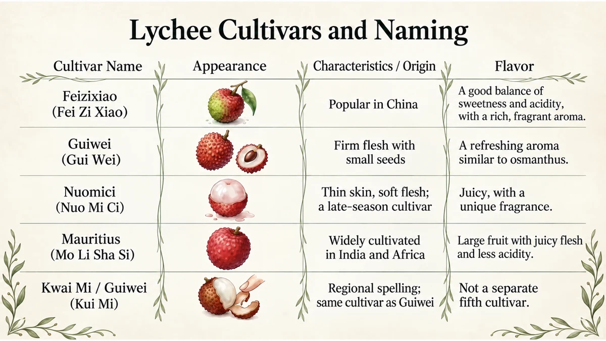 Familiar cultivar names and regional spellings. Kwai Mi and Guiwei are not treated as distinct cultivars here.