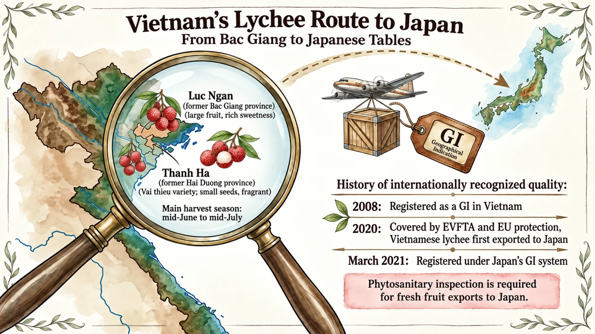 Luc Ngan and Thanh Ha are established growing regions. Historical province names match the cited records; GI protection and quarantine are separate systems.
