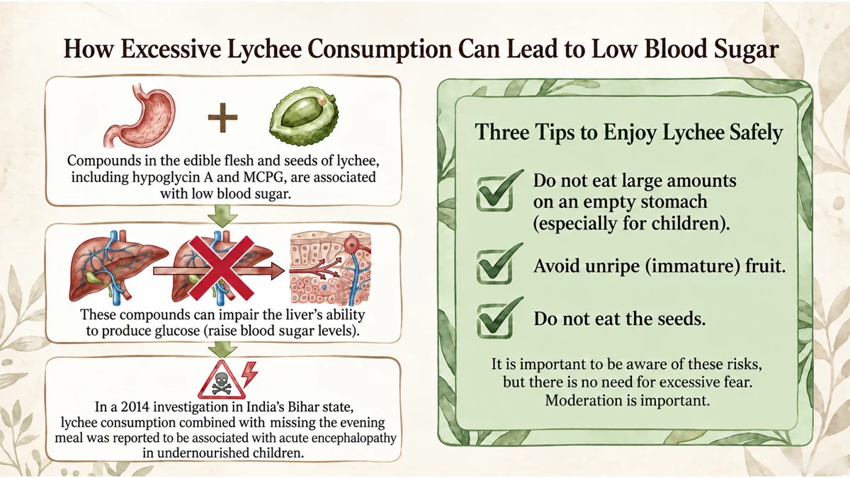 The 2014 outbreak study linked childhood encephalopathy with lychee consumption and a missed evening meal. Avoid large amounts on an empty stomach, unripe fruit and seeds.