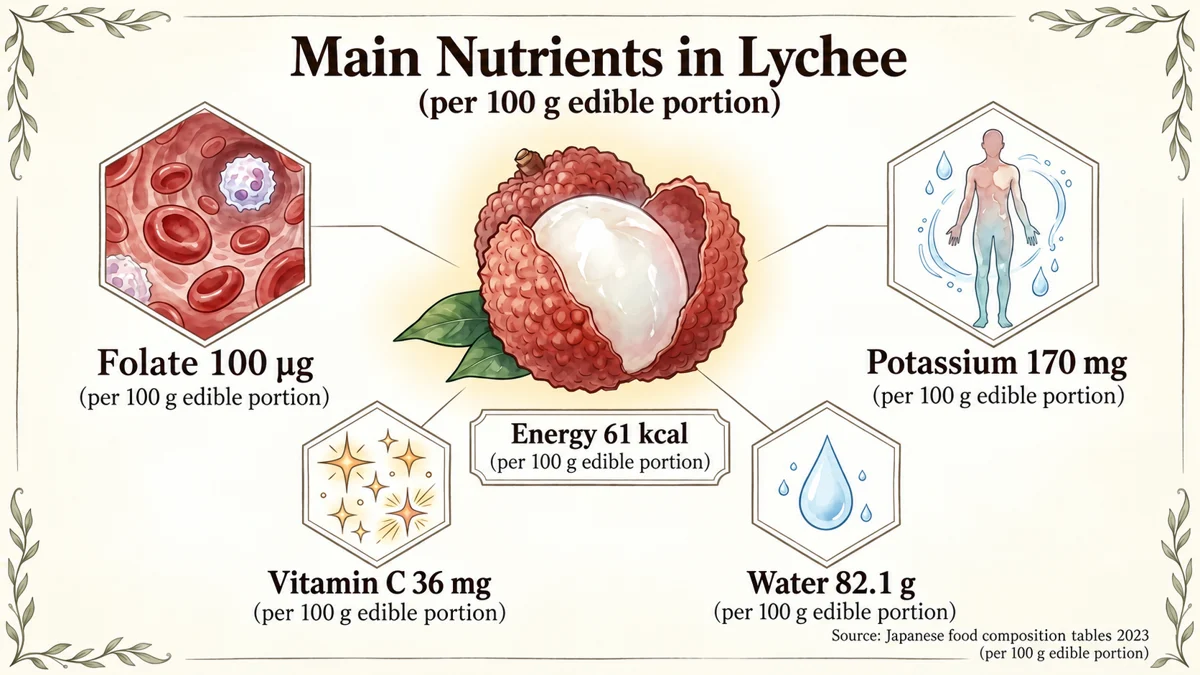 Japanese food composition reference values per 100 g of raw edible lychee: 61 kcal, 82.1 g water, 100 µg folate, 36 mg vitamin C and 170 mg potassium.
