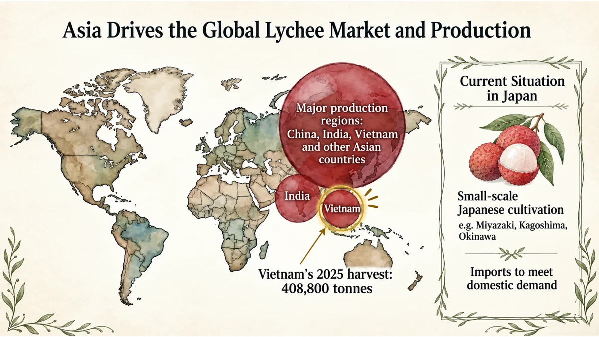 Asia is the main growing region. Vietnam reported 408,800 tonnes in 2025. Japanese production is small; commercial imports require quarantine compliance.
