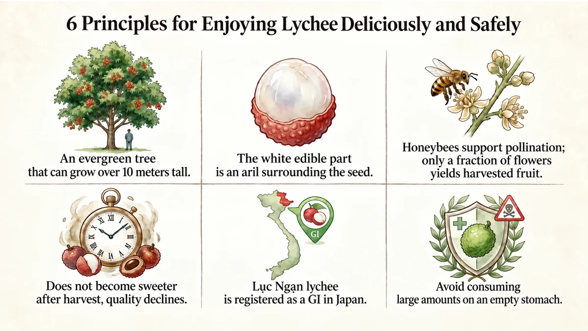 Key points: evergreen tree, edible aril, bee pollination, rapid quality loss, Luc Ngan GI protection and sensible consumption precautions.