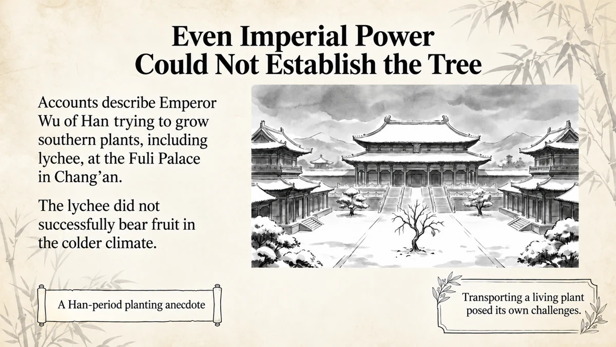 The Han imperial planting attempt is presented as a historical anecdote, not a controlled cultivation trial.