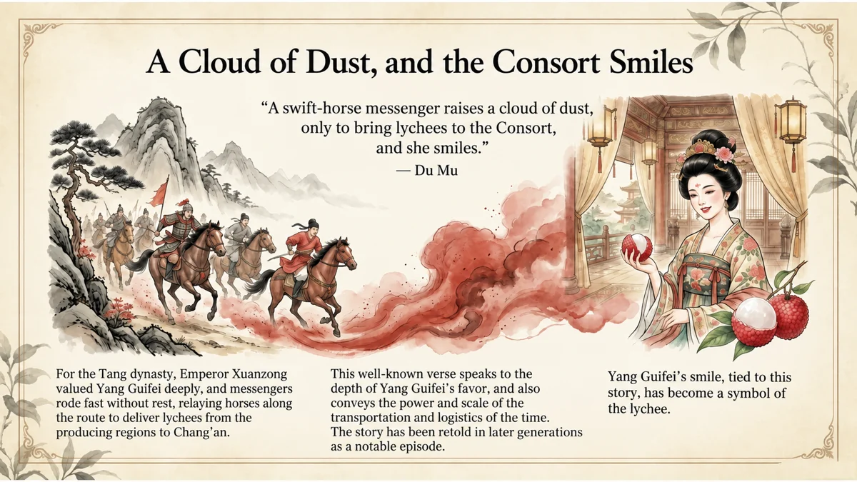 Du Mu’s poem associates a smiling consort with lychee deliveries. The exact production area and route remain debated.