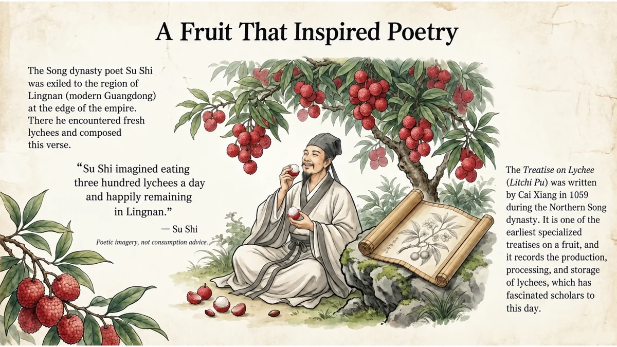 Su Shi’s three hundred lychees is poetic imagery, not consumption advice. Cai Xiang compiled an early fruit treatise in 1059.