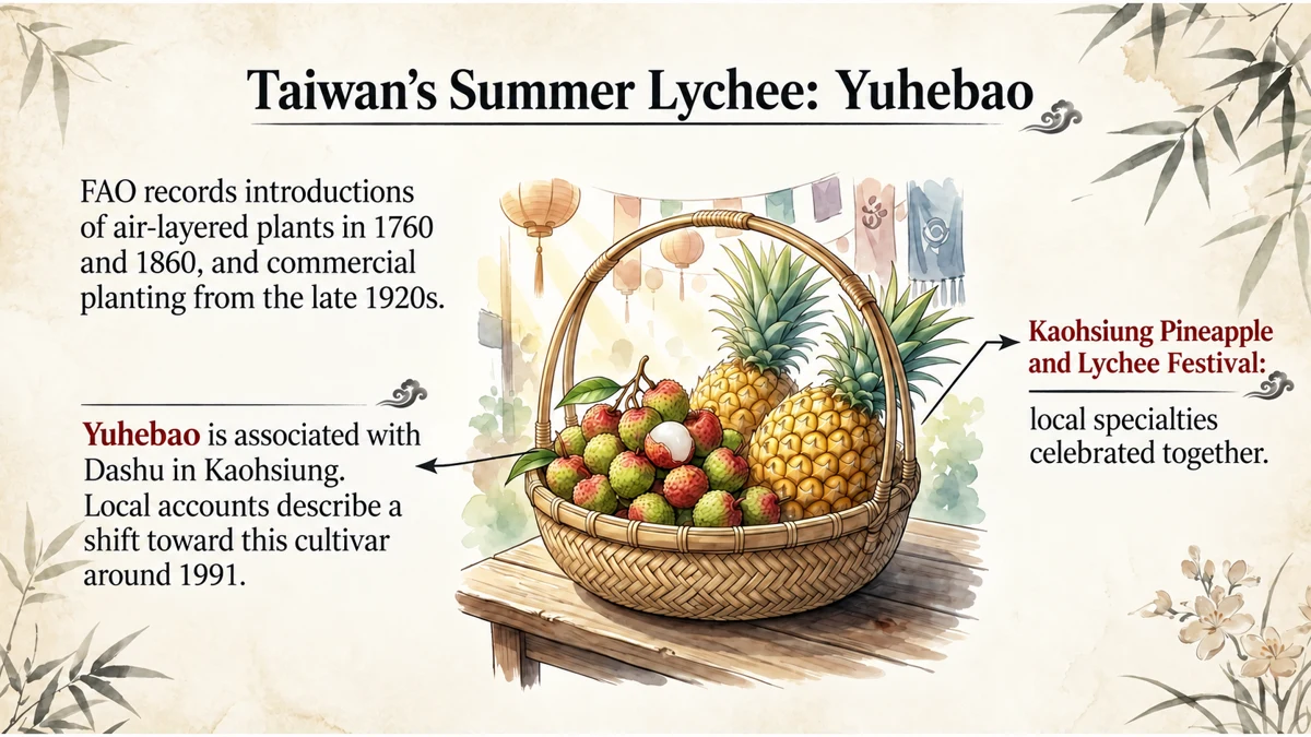 FAO records introductions to Taiwan in 1760 and 1860 and commercial planting from the late 1920s. Dashu is known for Yuhebao lychee and regional fruit festivals.