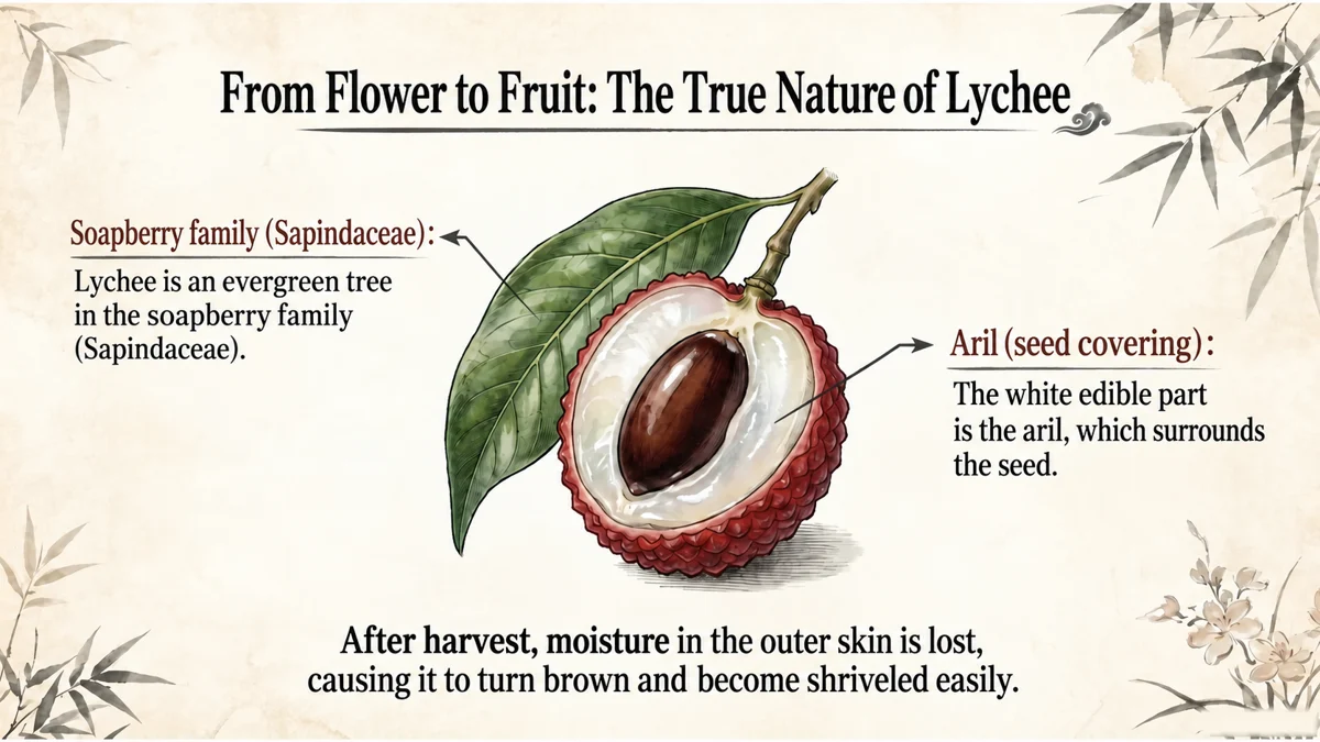 The white aril surrounds the seed. Rind moisture loss promotes browning after harvest.